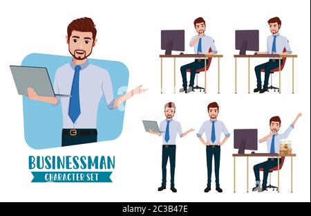 Businessman character vector set. Business man characters in standing and sitting presentor pose and gestures for office demo corporate sales. Stock Vector