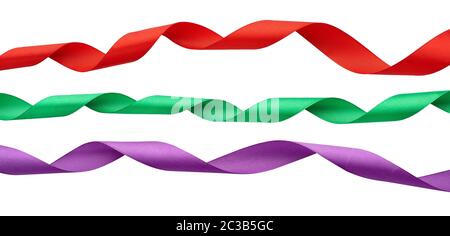 set of twisted silk red, green, purple ribbons isolated on white background, decorative element for designer Stock Photo