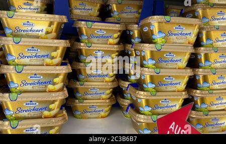 Tönisvorst, Germany - June 18. 2020: View on isolated boxes of Meggle butter in freezer Stock Photo