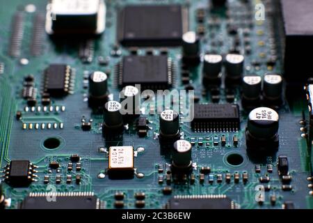 printed circuit Board with chips and radio components electronics Stock Photo