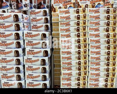 Tönisvorst, Germany - June 18. 2020: View on isolated stacked Dickmann´s Schokoküsse boxes in german supermarket Stock Photo