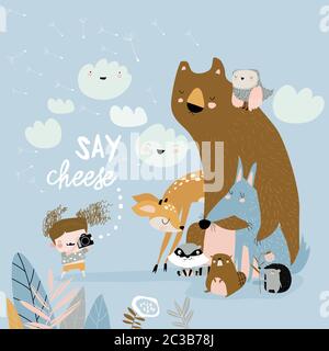 Funny cartoon little girl takes pictures animals Stock Vector