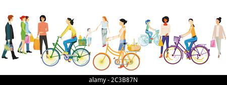 People walking and cycling illustration Stock Photo