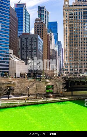 Chicago Skylines building along green dyeing river of Chicago River on St. Patrick day festival in Chicago Downtown IL USA Stock Photo