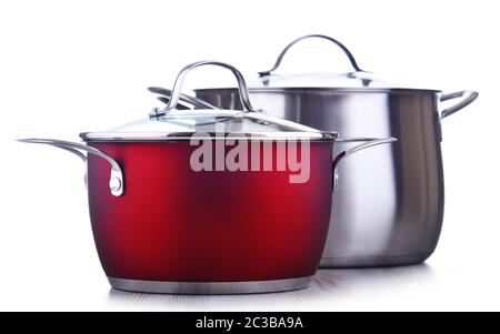 Two steel pots isolated on white background. Stock Photo