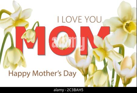 Happy mothers day spring bouquet of daffodils flowers. Greeting card. Watercolor vector Stock Vector