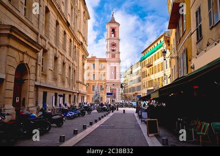 Town of Nice colorful street architecture and church view Stock Photo