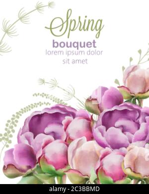 Spring bouquet of peony and tulip flowers in watercolor style. Place for text. Vector Stock Vector