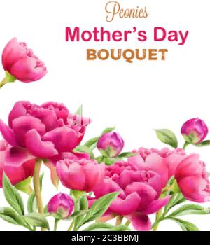 Watercolor purple peonies spring bouquet with green leaves. Vector ...