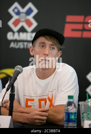 Austin Texas USA, May 29 2014: Texas native and professional BMX rider Chase Hawk speaks at a press conference at the Circuit of the Americas motor sports race track complex to promote the X Games, which will be held there in June.    ©Marjorie Kamys Cotera/Daemmrich Photography Stock Photo