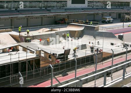 Austin Texas USA, May 29 2014: week before the annual X Games--a made-for-TV sports event--begin, workers hurry to finish construction on the skateboard course at the Circuit of the Americas motor sports venue. ©Marjorie Kamys Cotera/Daemmrich Photography Stock Photo