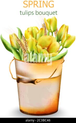 Spring yellow tulip flowers bouquet with wheat spice in a bucket. Watercolor vector Stock Vector