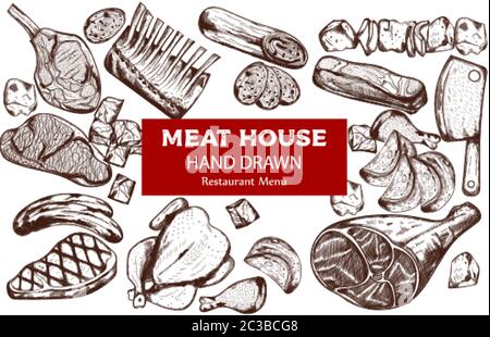 Line art meat set with sausage, steak, pork ribs and butcher knife. Restaurant menu template. Vector Stock Vector