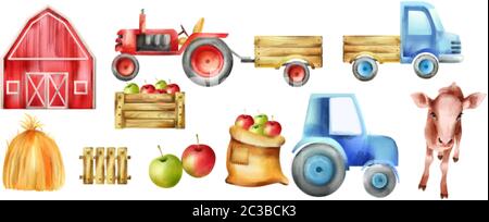 Watercolor farm vehicles and buildings set. Cow, tractor with tow, apples in wooden box, red farm and haystack. Vector Stock Vector