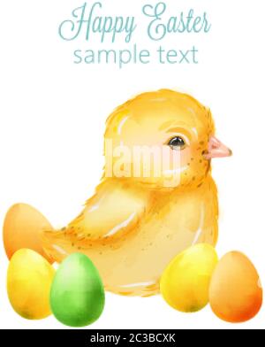 Watercolor happy easter yellow little baby duck with colorful eggs. Vector Stock Vector
