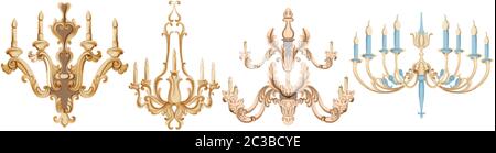 Vintage set of watercolor chandelier with candles. Baroque elegant decor. Victorian luxury craft golden ornament. Vector Stock Vector