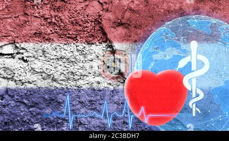 World Health Concept. The flag of Paraguay is shown on the cracked wall of the building. Stock Photo