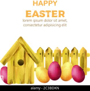 Happy easter composition with yellow bird house and colorful eggs. Watercolor vector Stock Vector