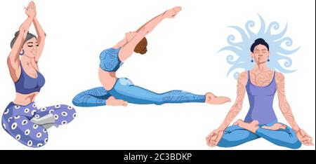 Set of mature woman in leggings and shirt doing yoga. Stretching and meditating. Tattooed body. Vector Stock Vector