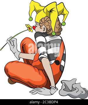 Sad mime clown contemplating with a yellow flower in hand. Vector Stock Vector