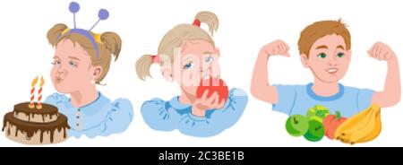 Set of cartoon kids eating fruits, vegetables and cake. Blonde girl eating an apple, boy showing his biceps, brown haired kid blowing out candles. Vec Stock Vector