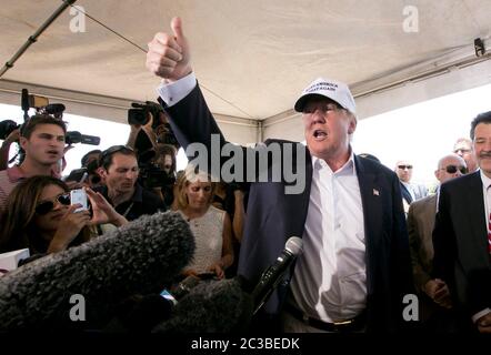 Laredo Texas USA, July 23 2015: Donald Trump, a businessman turned politician who is running for the Republican nomination for U.S. president, speaks to a large media group at the World Trade International bridge on the US-Mexico border  ©Marjorie Kamys Cotera/Daemmrich Photography Stock Photo