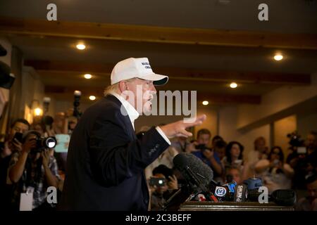 Laredo Texas USA, July 23 2015: Donald Trump, a businessman turned politician who is running for the Republican nomination for U.S. president, speaks to the media at the Paseo Real Reception Hall.  ©Marjorie Kamys Cotera/Daemmrich Photography Stock Photo