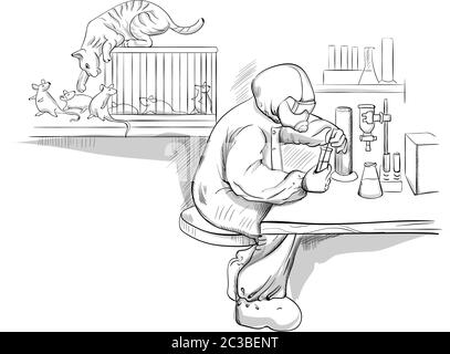 Doctor laboratory investigating Vector. Man in hazmat suit creating a cure for new corona virus while the cat plays with the mice Stock Vector