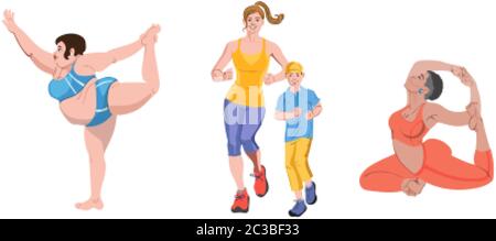 Set of people doing exercises. Fat woman making ballet poses in shorts, mom and little boy jogging, afro girl practicing yoga. Colorful clothes. Vecto Stock Vector