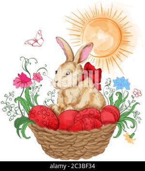 Watercolor bunny in a basket with red easter eggs. Flowers and sun shining on background. Vector Stock Vector