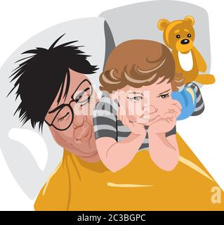 Kid laying on his fathers face while in bed, leaving his teddy bear to hang out behind on the pillow.Vector Stock Vector