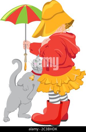 Cartoon cat with an umbrella in the rain. Autumn is coming. Cute child