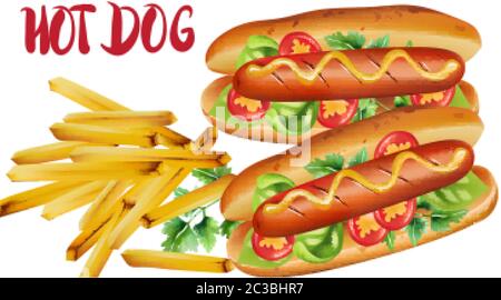 Composition of two hot dogs with cherry tomatoes, basil, parsley and mustard, near a portion of fries. Unhealthy food. Vector Stock Vector