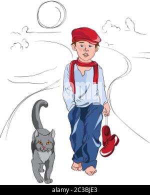 Little cartoon boy with red and blue clothes walking on a path with cat. Vector Stock Vector