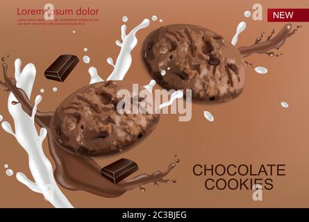 Chocolate cookies vector realistic mock up. Declious dessert chocolate and milk splash. 3d detailed chocolate Stock Vector