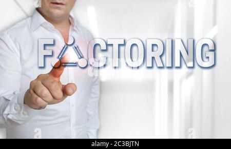 Factoring touchscreen concept is operated by man. Stock Photo