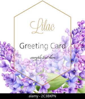 Lilac flower on white background with golden hexagon greeting card with place for text. Vector Stock Vector