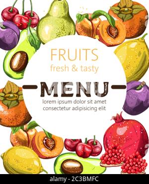 Fresh and tasty fruits menu template with place for text. Avocado, cherry, peaches, pomegranate, orange. Vector Stock Vector