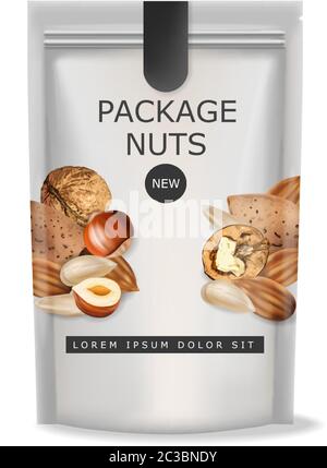 Nuts vector realistic mock up. Greek walnuts, almonds and hazelnuts. 3d detailed design package Stock Vector