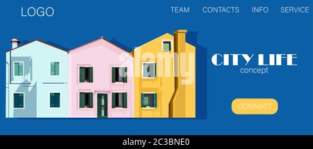 City life concept site template with colorful pink and yellow buildings on blue background. Vector. Place for text Stock Vector