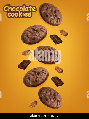 Chocolate cookies vector realistic. Declious dessert falling cookies. 3d detailed product package or label background Stock Vector