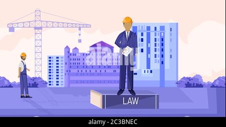 Landlord reading the law while sitting on podium. Workers, buildings and cranes on background. Construction vector Stock Vector