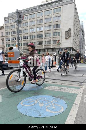 Vienna, Austria. 19th June, 2020. Cyclists are seen on a street of Vienna, Austria, on June 19, 2020. More and more citizens in Vienna choose to commute by bicycles during the COVID-19 pandemic, with the total number of cyclists increasing 45 percent in May of 2020 compared to the same period of 2019, according to the data released by Austrian Transport Club. Credit: Guo Chen/Xinhua/Alamy Live News Stock Photo