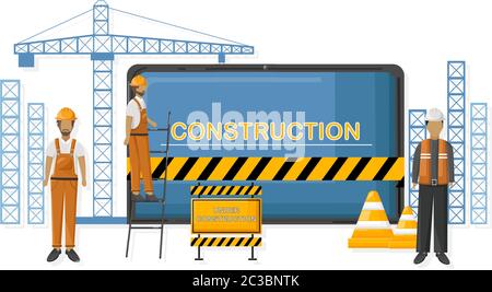 Under construction sign with cranes and workers. Yellow cones and warning tape. Vector Stock Vector