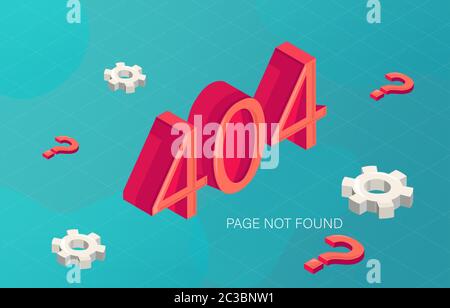 Error 404 page not found in fluid style with gears and red question marks. Vector Stock Vector