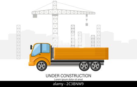 Building under construction with yellow truck in front. Place for text Stock Vector