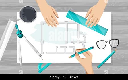Architect hands drawing a blueprint with rulers, compass and pencil. Glasses on table. Overhead view. Vector Stock Vector