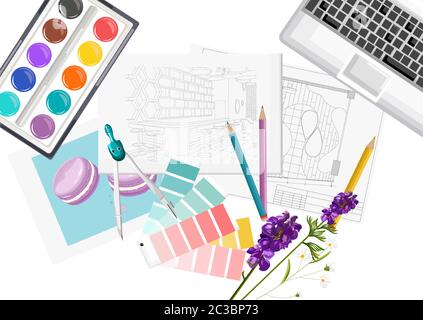 Interior designer desk with pantone color formula guide, keyboard, sketch, watercolor paint and compass. Glasses and pencil. Overhead. Vector Stock Vector
