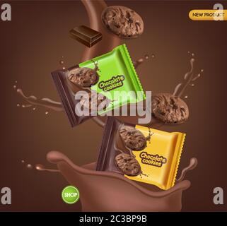 Chocolate cookies vector realistic mock up. Declious dessert falling cookies with chocolate splash. 3d detailed product package. label design poster Stock Vector