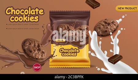 Chocolate cookies vector realistic mock up. Declious dessert falling cookies with chocolate and milk splash. 3d detailed product package Stock Vector
